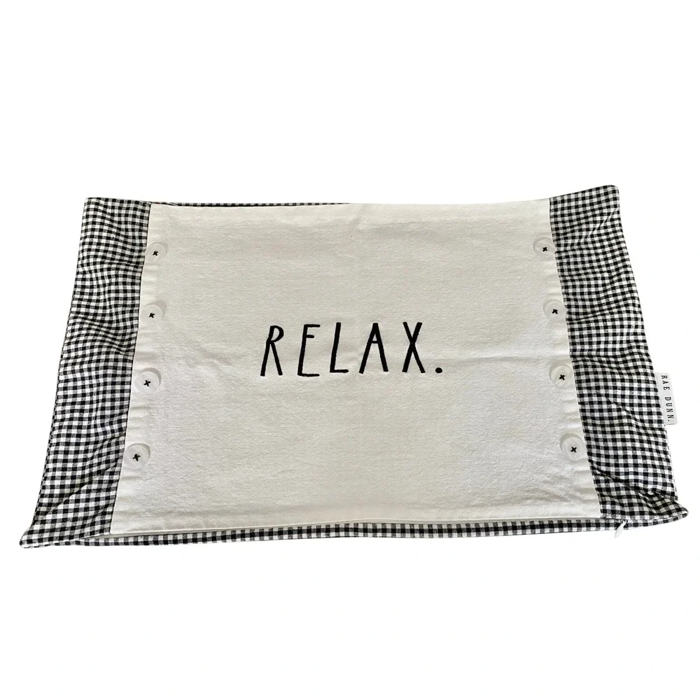 Rae Dunn Relax Gingham Pillow Cover Black White Farmhouse Button Accent Lumbar